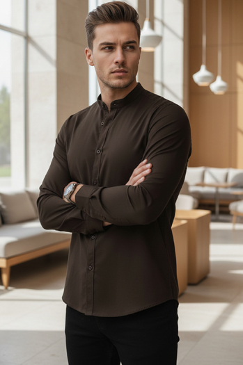 Koszula męska SLIM FIT casualowa ze stójką brązowa Dstreet DX2678