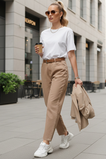 Jeansy damskie z paskiem mom fit beżowe Dstreet UY2880