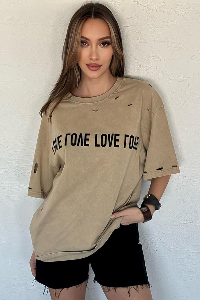 T-shirt damski z nadrukiem BONGANIR beżowy Dstreet RY2635