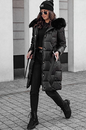 Kurtka zimowa damska STYLOWQ długa pikowana z futerkiem czarna Dstreet TY4631
