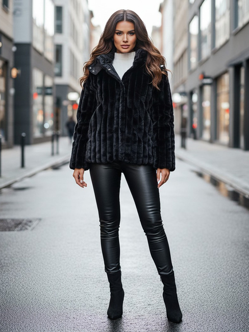 Kurtka damska futrzana z kapturem czarna Dstreet TY5276z