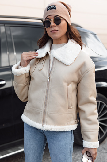 Kurtka skórzana damska z kożuchem FURBLAZE Dstreet beżowa TY4731