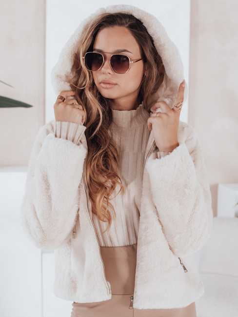 Płaszcz damski krótki ELMIRIS beżowy futerkowy Dstreet TY4994