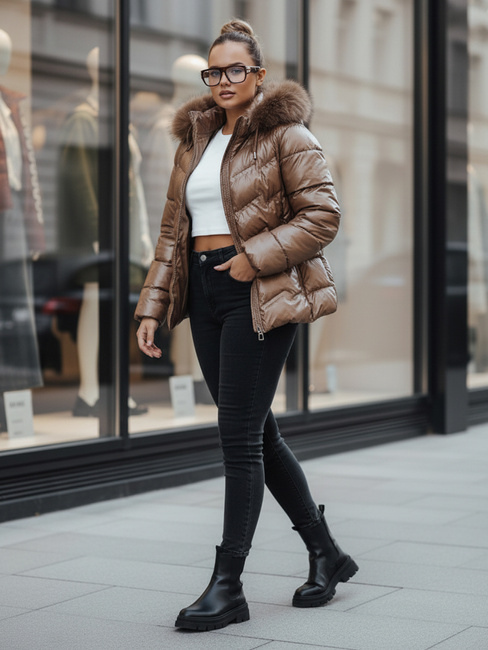 Kurtka damska zimowa pikowana z futerkiem brązowa Dstreet TY5359