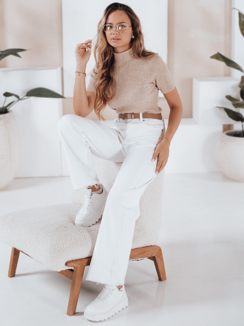 Damski sweter prążkowany z krótkim rękawem GIRLGLORY beżowy Dstreet MY2553