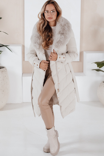 Kurtka zimowa damska pikowana z futerkiem ecru Dstreet TY5078