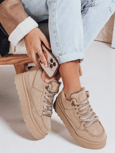 Sneakersy damskie z futerkiem na platformie beżowe Dstreet ZY1070
