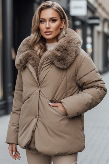 Kurtka damska zimowa LUNAVI pikowana z futerkiem jasnobeżowa Dstreet TY4665z