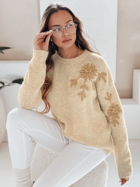 Damski sweter z aplikacją kwiatów GIRLHERBAL kremowy Dstreet MY2546