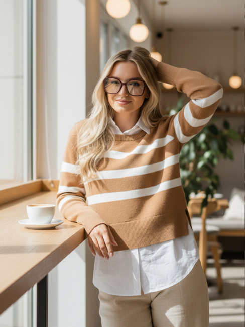 Sweter damski w paski ASTRIDA kamelowy Dstreet MY2226