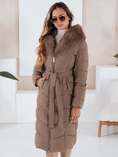 Kurtka zimowa damska długa pikowana z futerkiem ciemnobeżowa Dstreet TY5087