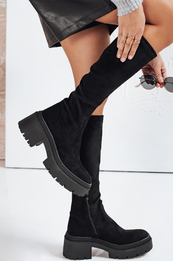 Kozaki damskie zamszowe na grubej podeszwie czarne Dstreet ZY1210