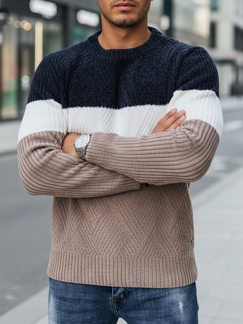 Sweter męski z okrągłym dekoltem granatowo-beżowy Dstreet WX2321