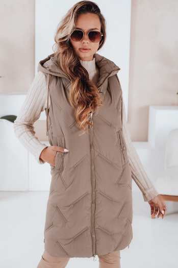 Kamizelka damska długa pikowana z kapturem kamelowa Dstreet TY5098