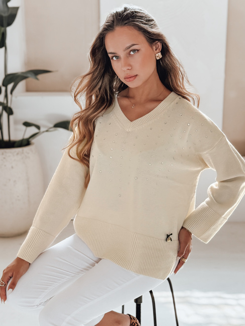 Damski sweter z dekoltem V VERALIA ecru Dstreet MY2517