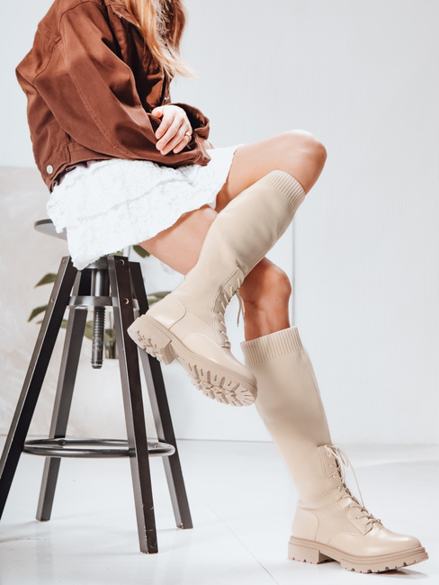 Kozaki damskie skarpetkowe beżowe Dstreet ZY1286