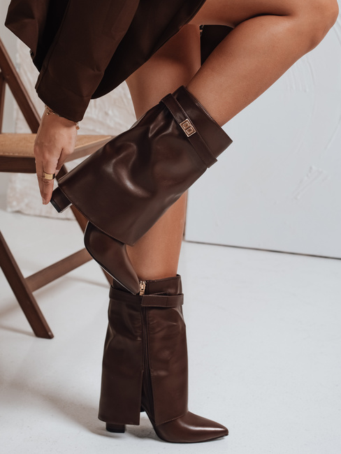 Botki damskie na słupku z szeroką cholewką brązowe Dstreet ZY1117