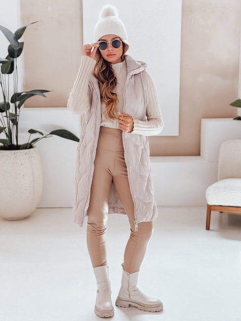 Kamizelka damska długa pikowana z kapturem beżowa Dstreet TY5099