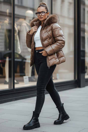 Kurtka damska zimowa pikowana z futerkiem brązowa Dstreet TY5359