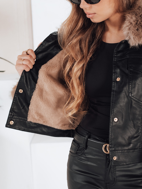 Kurtka skórzana damska ramoneska z futerkiem czarna Dstreet TY5206