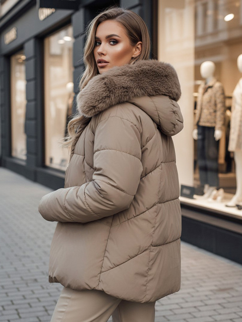 Kurtka damska zimowa LUNAVI pikowana z futerkiem jasnobeżowa Dstreet TY4665z