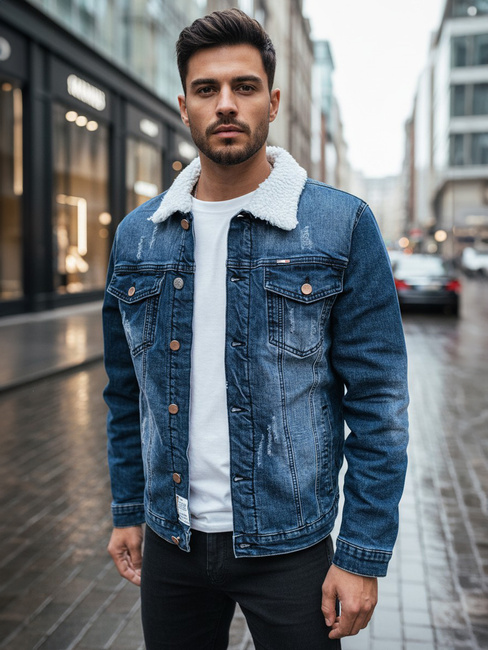 Kurtka męska jeansowa ocieplana z kożuchem granatowa Dstreet TX4729z