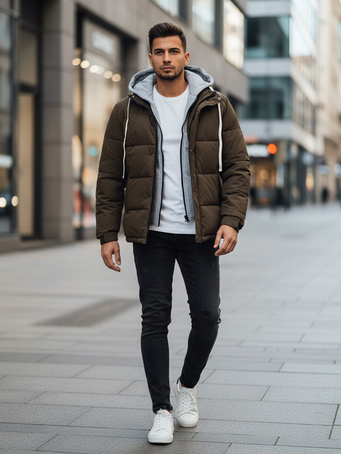 Kurtka męska zimowa pikowana z kapturem khaki Dstreet TX5102