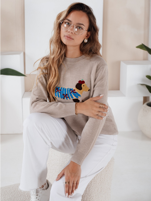 Damski sweter z aplikacją psa CHICPAWS beżowy Dstreet MY2543