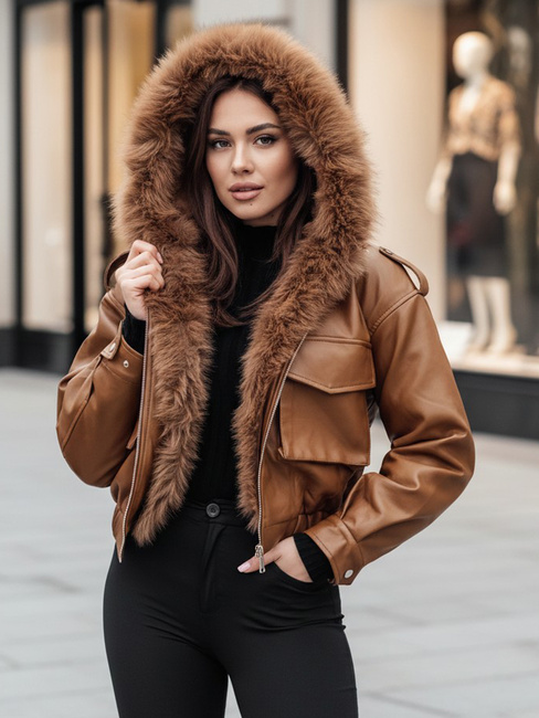 Kurtka skórzana damska z futerkiem SOFTREBEL brązowa Dstreet TY4761z