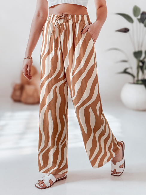 Spodnie damskie wide leg w paski ZEBRAVIBE beżowo-kamelowe Dstreet UY2655