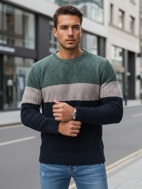 Sweter męski z okrągłym dekoltem zielono-granatowy Dstreet WX2319