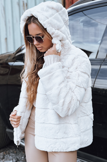 Kurtka damska futrzana dwustronna z kapturem jasnobeżowa Dstreet TY5273