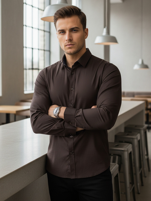 Koszula męska SLIM FIT elegancka gładka ciemnobrązowa Dstreet DX2682