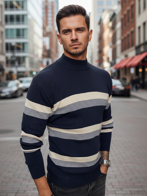 Sweter męski półgolf w paski granatowy Dstreet WX2126