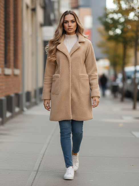 Płaszcz zimowy damski teddy futrzany beżowy Dstreet NY0757z