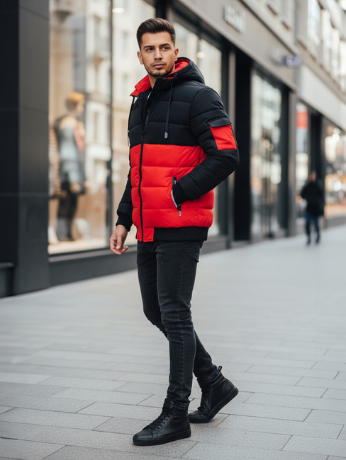 Kurtka męska zimowa z kapturem czerwono-czarna Dstreet TX5099