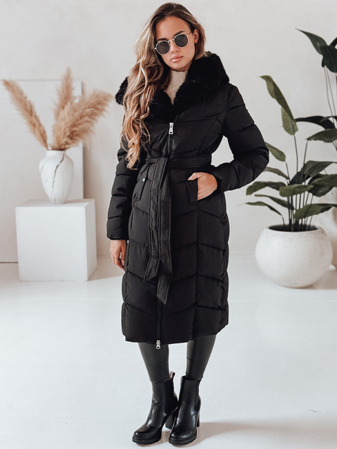 Kurtka zimowa damska długa pikowana z futerkiem czarna Dstreet TY5085