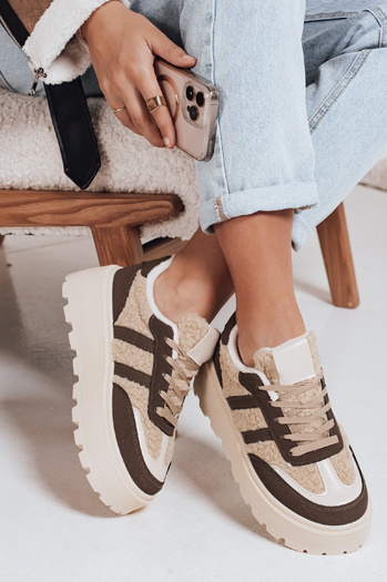 Sneakersy damskie z futerkiem na platformie brązowe Dstreet ZY1082