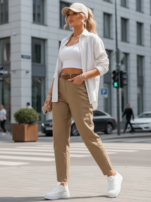 Jeansy damskie z paskiem mom fit ciemnobeżowe Dstreet UY2878