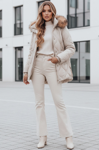 Kurtka zimowa damska LUMORE pikowana z kapturem jasnobeżowa Dstreet TY5012