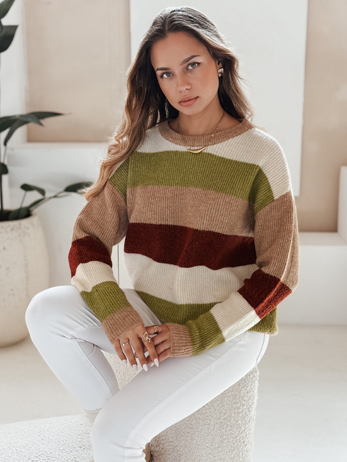 Damski sweter w paski CALVENA kamelowo-zielony Dstreet MY2559