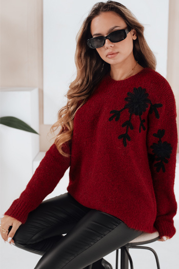 Damski sweter z aplikacją kwiatów GIRLHERBAL bordowy Dstreet MY2549