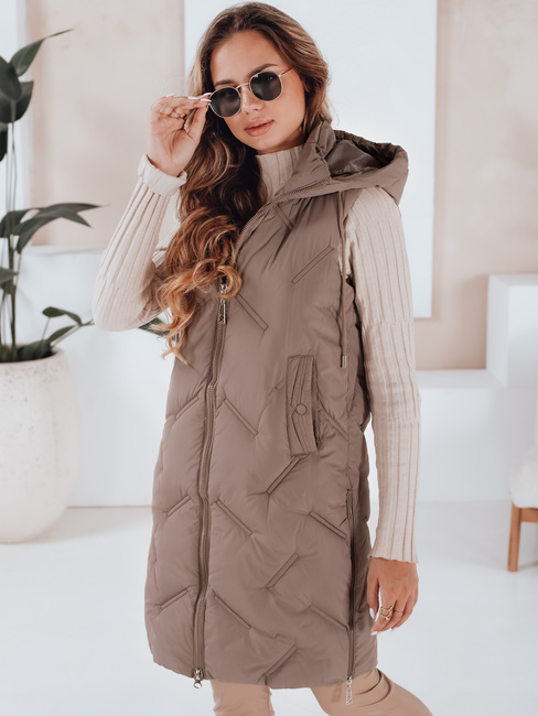 Kamizelka damska długa pikowana z kapturem ciemnobeżowa Dstreet TY5100