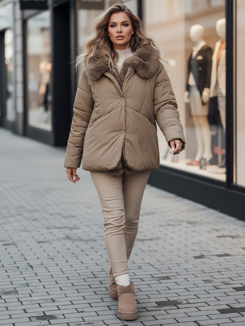 Kurtka damska zimowa LUNAVI pikowana z futerkiem jasnobeżowa Dstreet TY4665z