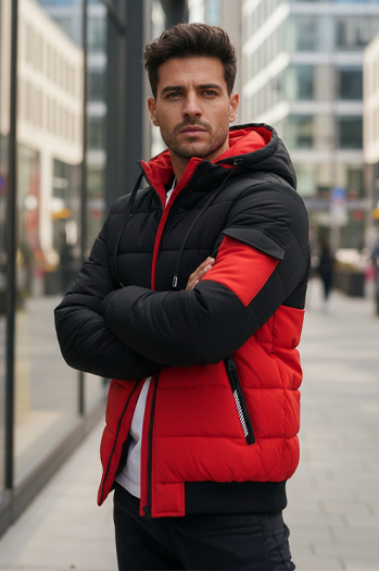 Kurtka męska zimowa z kapturem czerwono-czarna Dstreet TX5099