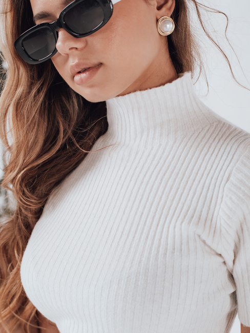 Damski sweter prążkowany z krótkim rękawem GIRLGLORY biały Dstreet MY2550