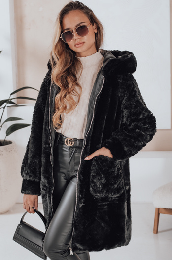 Płaszcz damski futerkowy MISSFLUFF czarny Dstreet TY4982