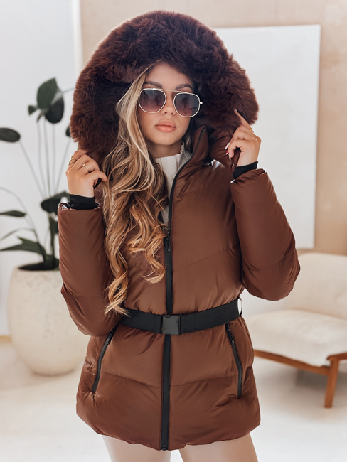 Kurtka damska zimowa pikowana z kapturem LOVELINA brązowa Dstreet TY4953