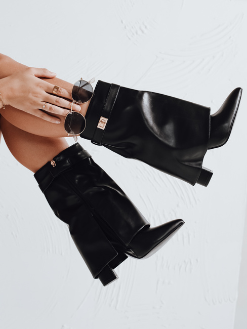 Botki damskie na słupku z szeroką cholewką czarne Dstreet ZY1116