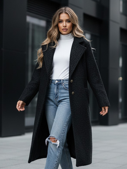 Długi płaszcz damski typu baranek czarny Dstreet NY0754z